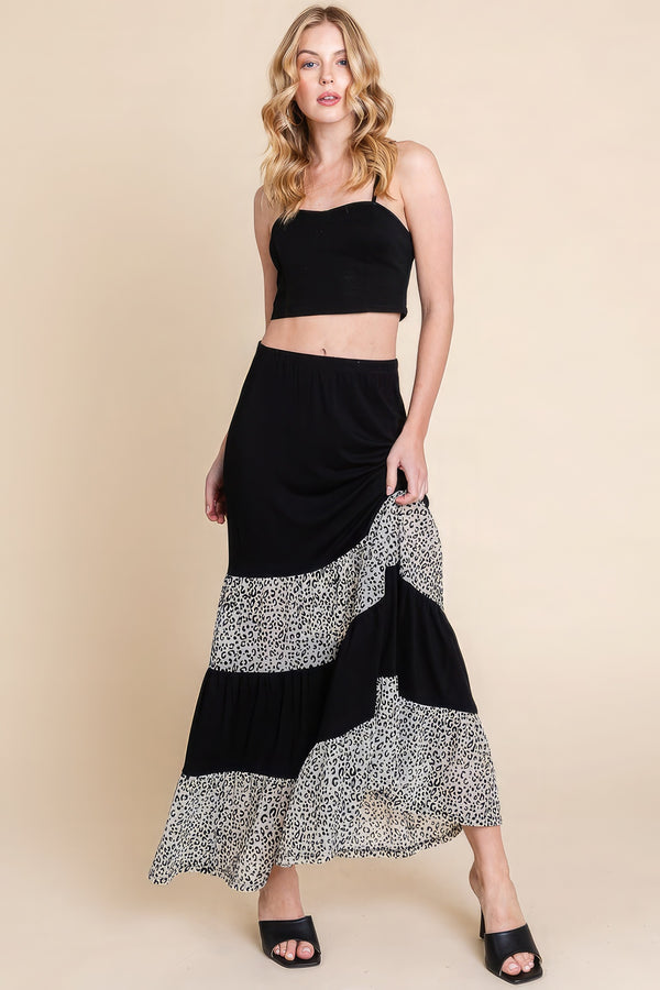 Long Tiered Contrast Fashion Skirt With Velvet Animal Print Mesh - HelloLove Fashion