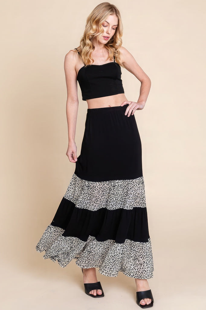 Long Tiered Contrast Fashion Skirt With Velvet Animal Print Mesh - HelloLove Fashion
