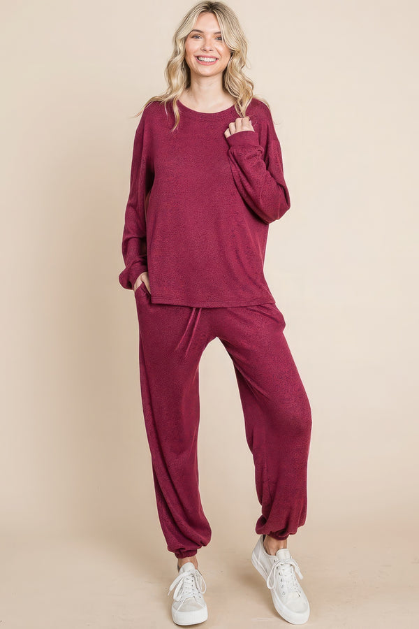 Two Tone Solid Warm And Soft Hacci Brush Loungewear Set - HelloLove Fashion