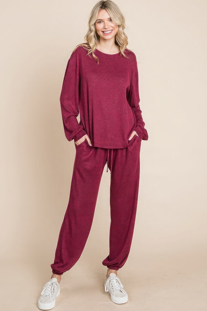 Two Tone Solid Warm And Soft Hacci Brush Loungewear Set - HelloLove Fashion
