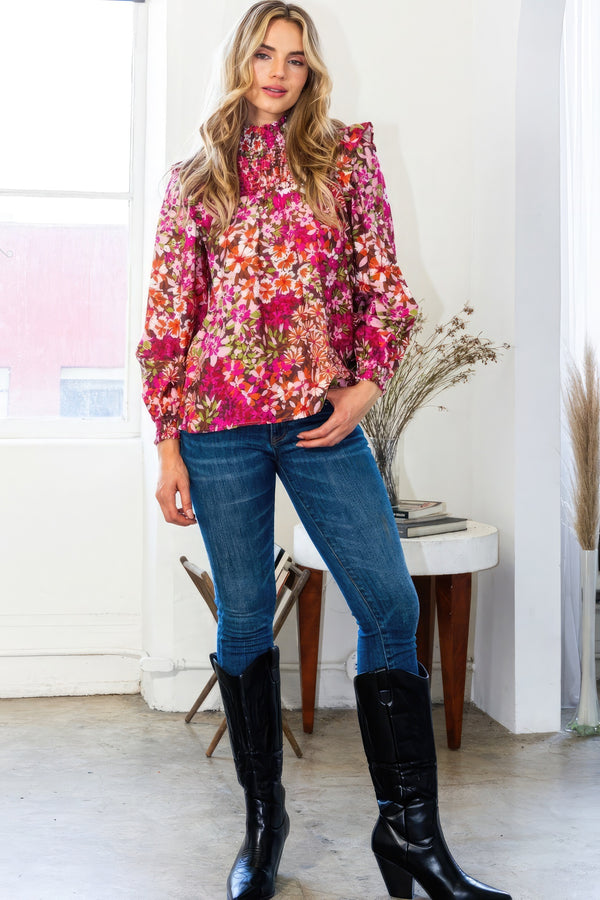 Floral Mock Neck Smocked Yoke Blouse - HelloLove Fashion