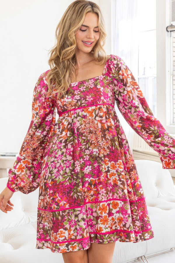 Floral Square Neckline Mini Dress - HelloLove Fashion