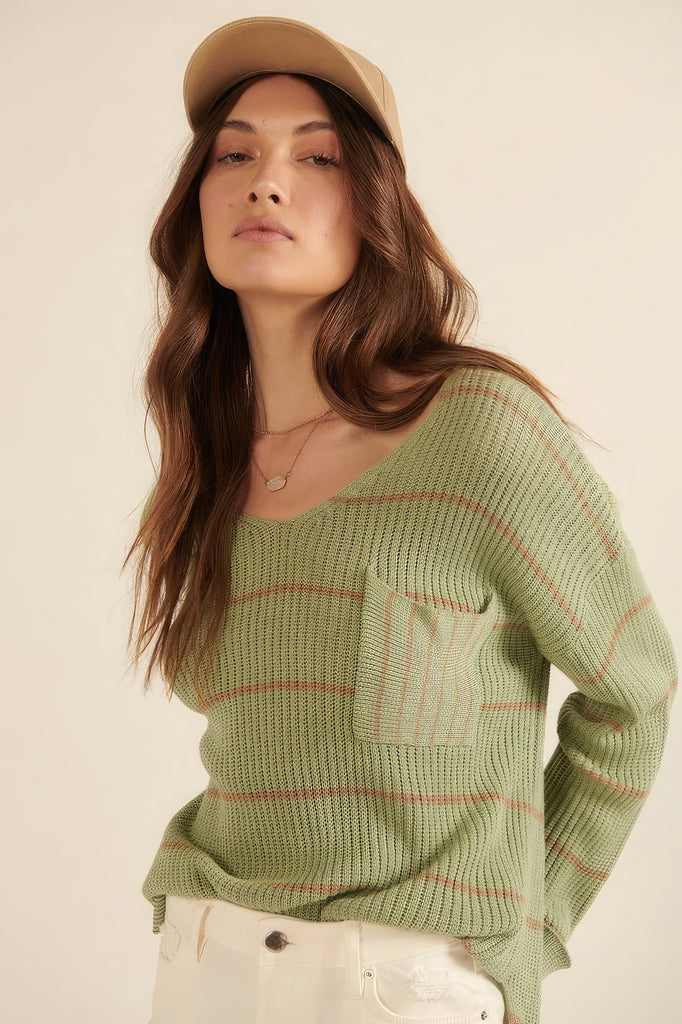 Striped Rib-knit Oversized Pocket Sweater - HelloLove Fashion