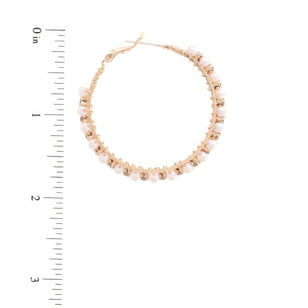 Pearl Bead Rhinestone Wire Wrapped Hoop Earrings