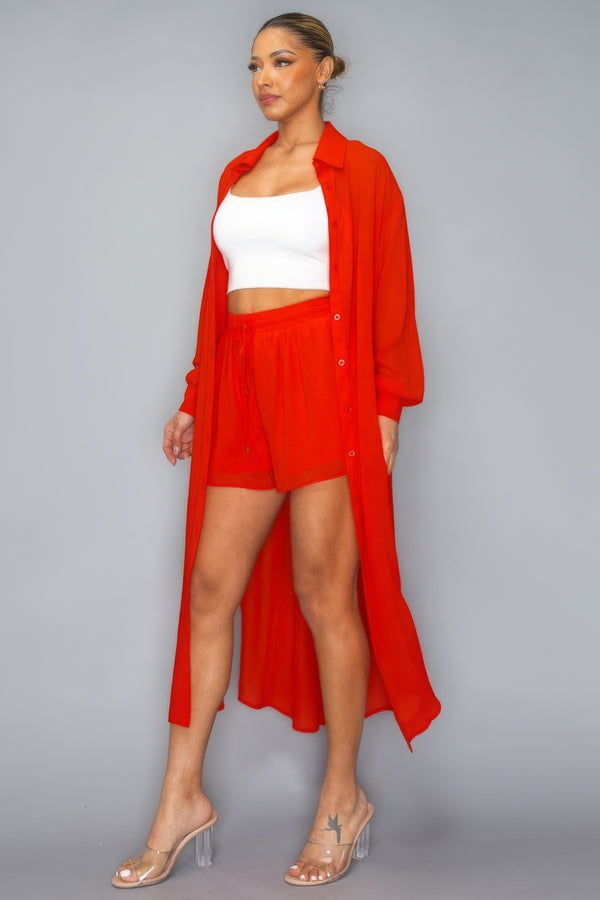 Chiffon Button Down Long Sleeve Long Top With Shorts Set