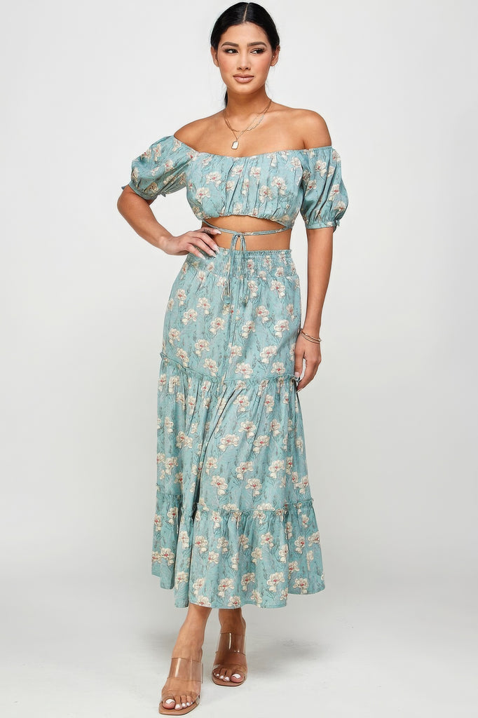 Floral Off the Shoulder Top Skirt Set