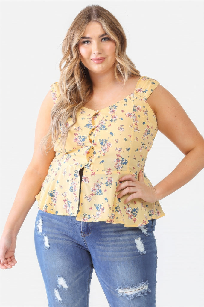 Plus Floral Button-up Sleeveless Flare Hem Top - HelloLove Fashion