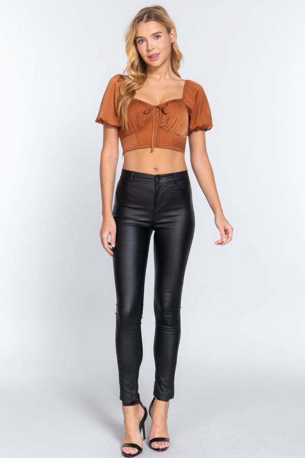 Short Sleeve Shirring Satin Crop Top - HelloLove Fashion
