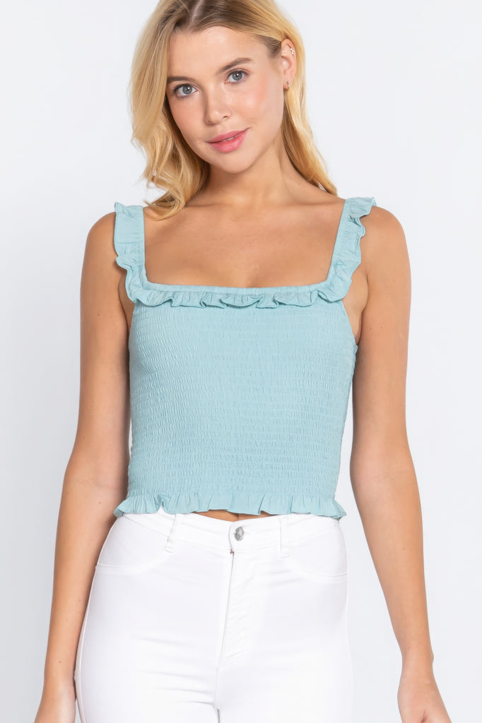 Smocking Ruffle Cami Woven Top - HelloLove Fashion