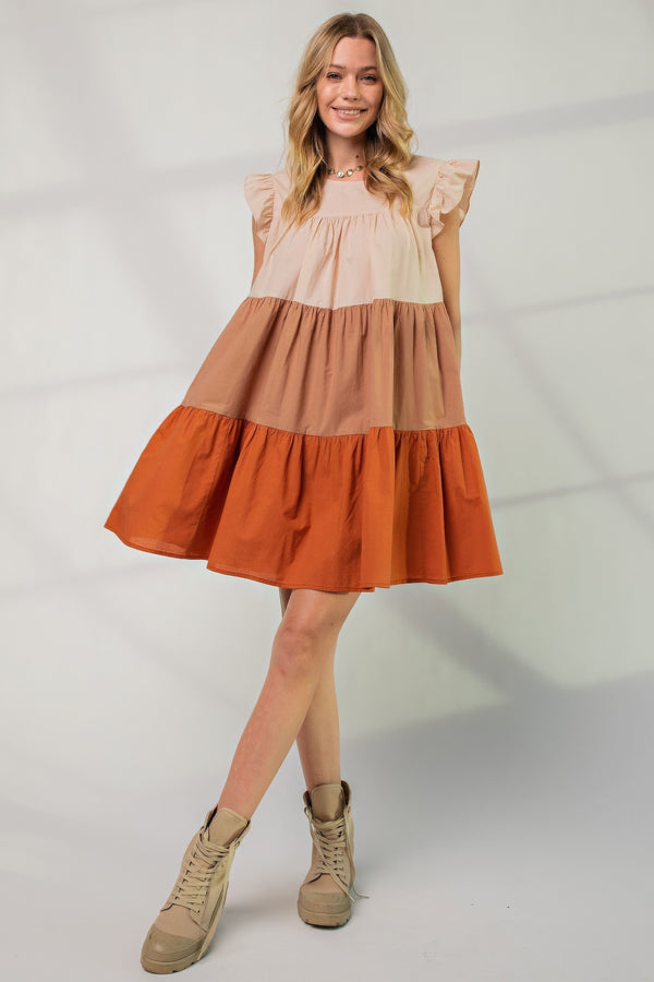 Poplin Tiered Color Block Dress - HelloLove Fashion