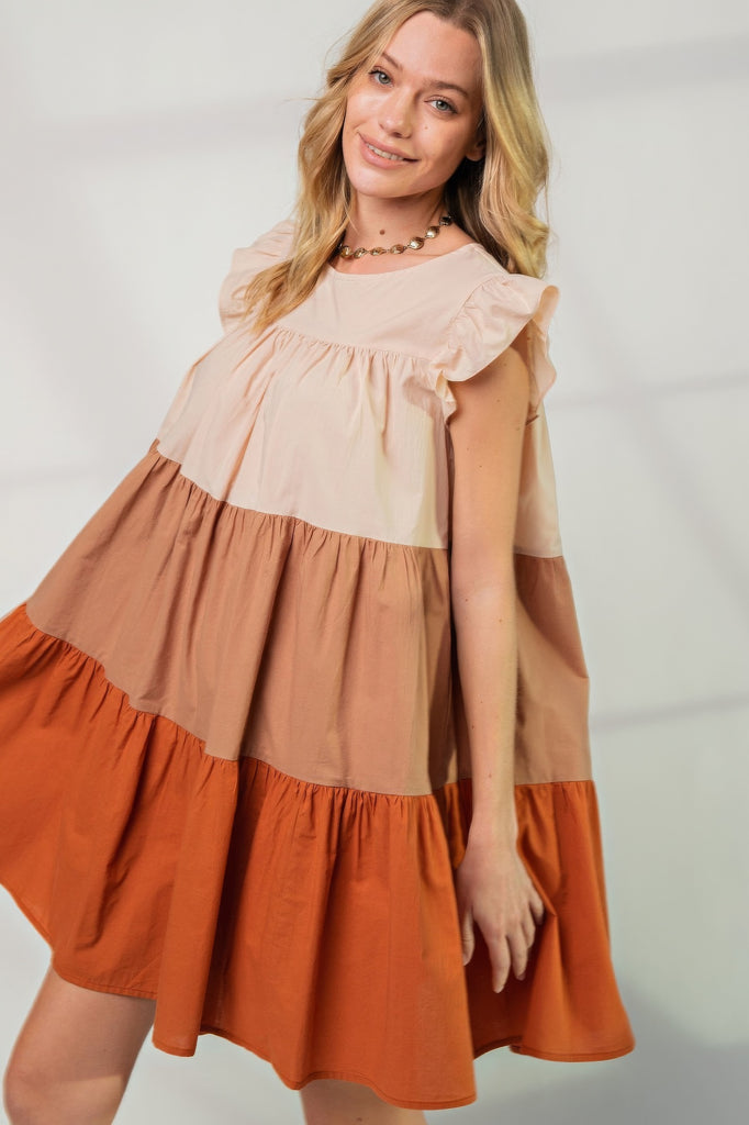 Poplin Tiered Color Block Dress - HelloLove Fashion