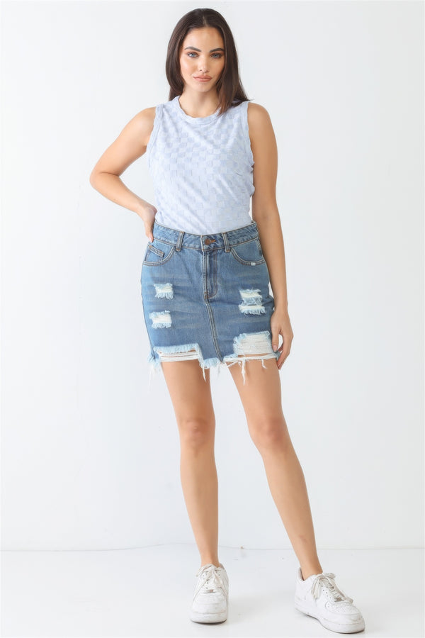 Baby Blue Chess Cage Print Cotton Blend Sleeveless Bodysuit - HelloLove Fashion