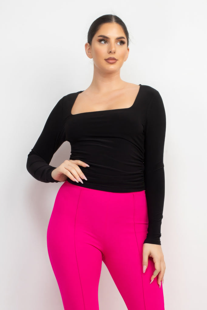 Side Ruched Square Neck Top - HelloLove Fashion