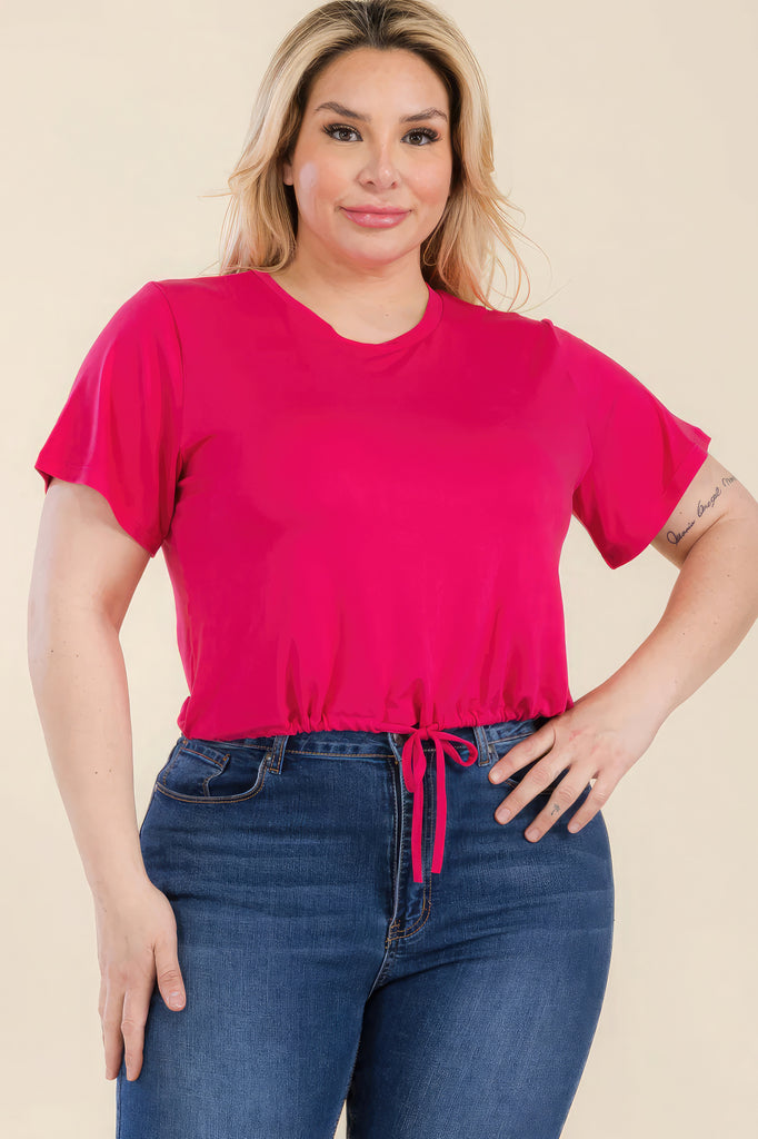 Plus Size Tie Front Drawstring Short Sleeve Crop Top - HelloLove Fashion