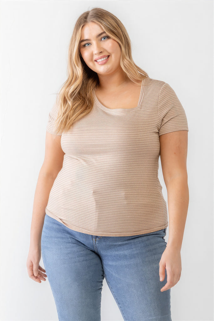 Plus Taupe Waffle Knit Angled Neck Short Sleeve Top - HelloLove Fashion