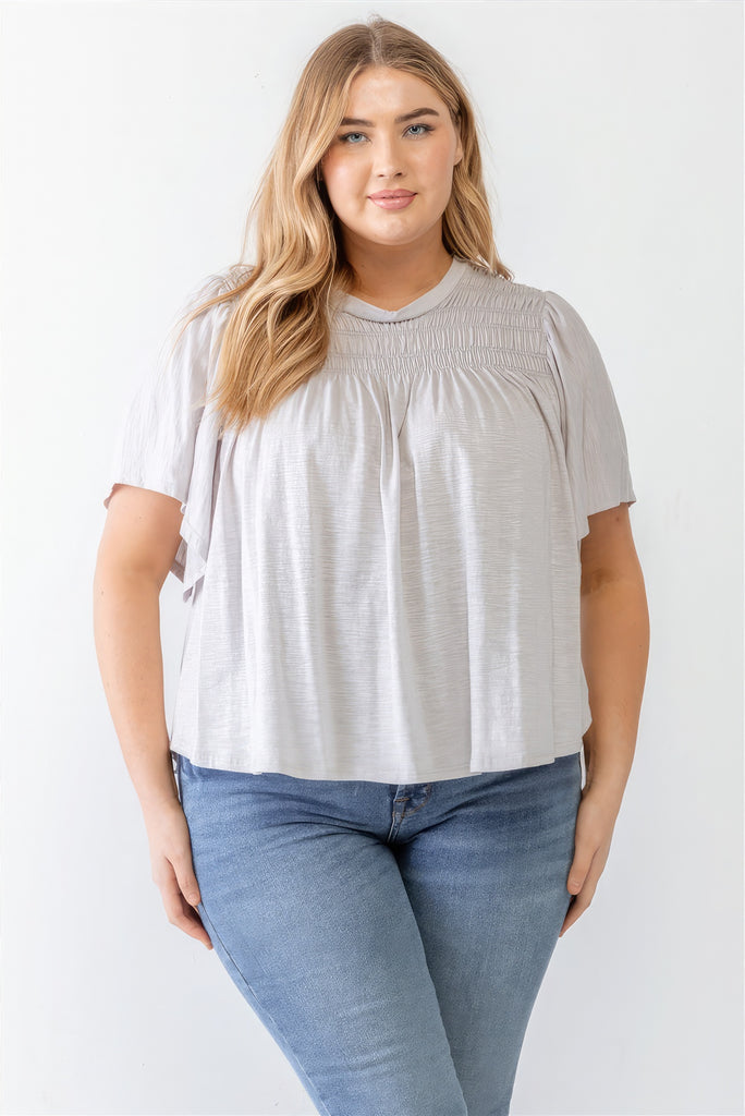 Plus Grey Cotton Blend Smoked Short Sleeve Top - HelloLove Fashion