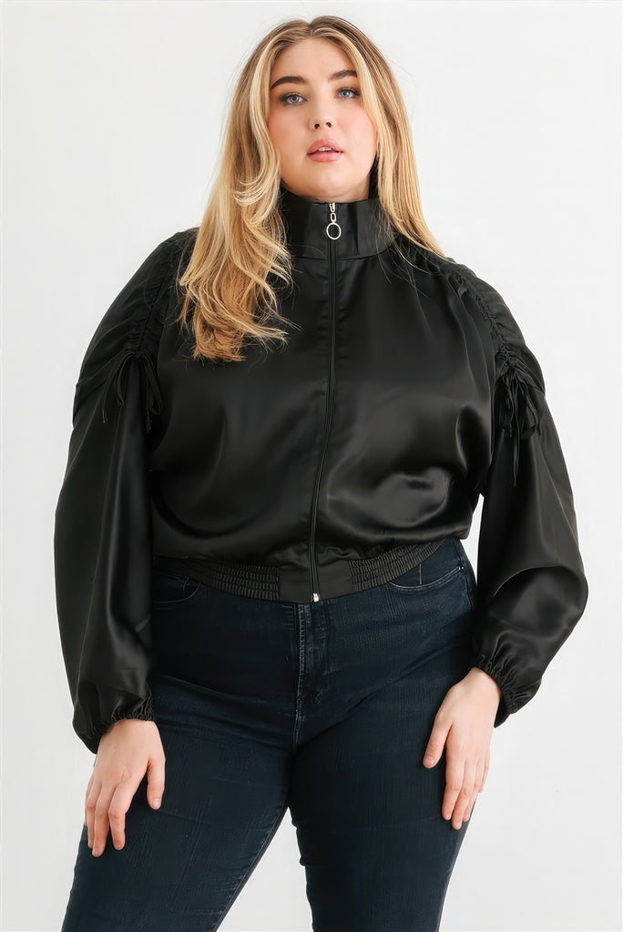 Plus Satin Zip-up Ruched Long Sleeve Cropped Bomber Jacket - HelloLove Fashion