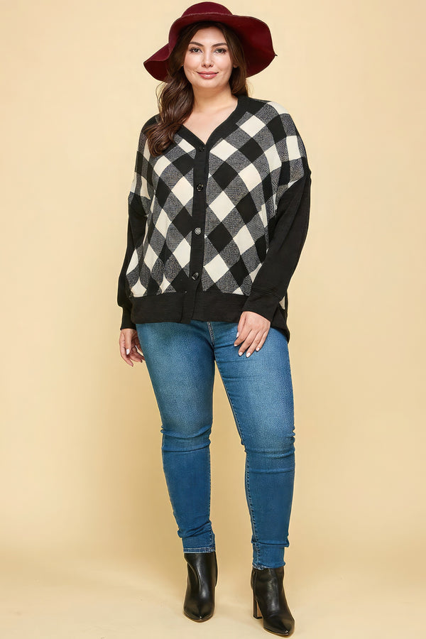 Plus Size Buffalo Plaid Knit Button Up Oversize Cardigan - HelloLove Fashion