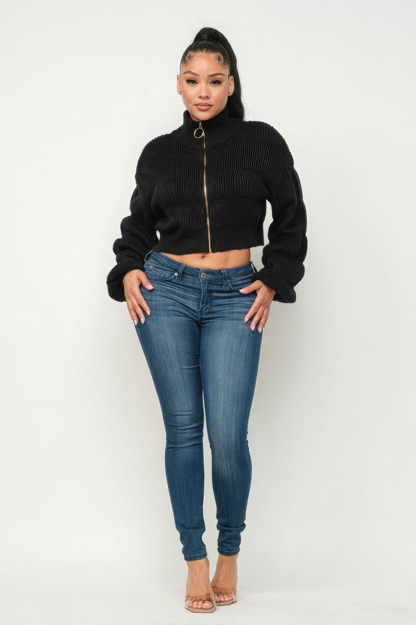 Michelin Sweater Top W/ Front Zipper - HelloLove Fashion