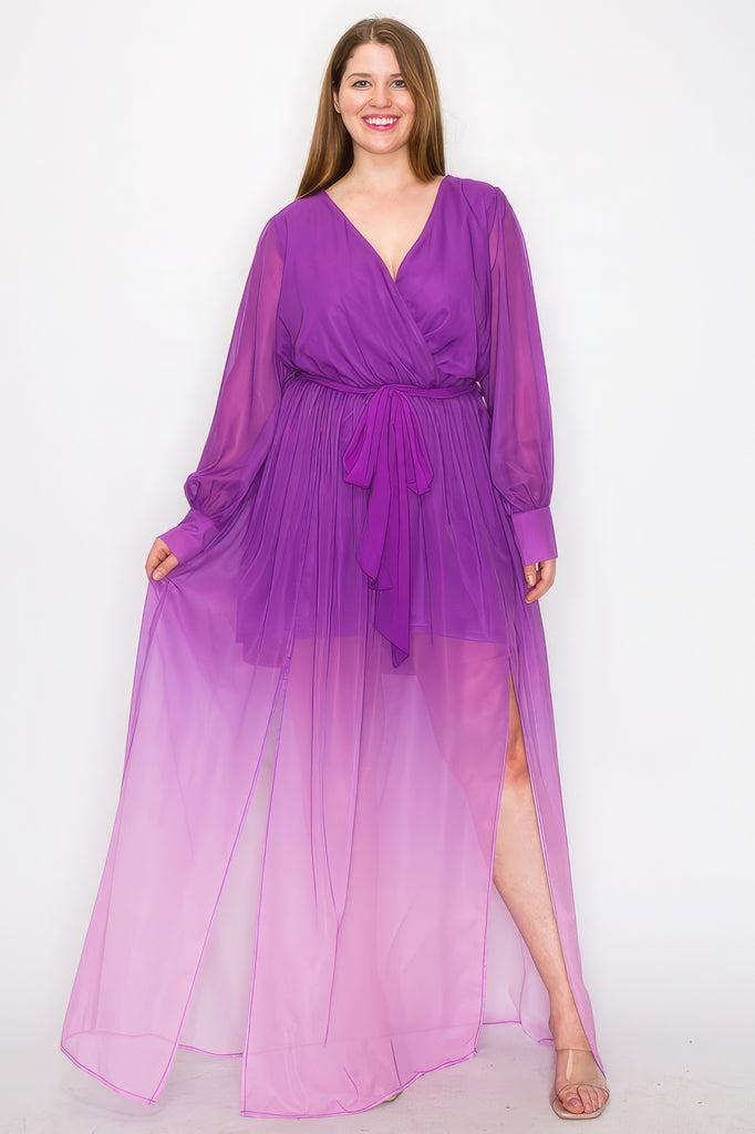 Ombre Chiffon Wrap Front Long Sleeve Tie Waist Slit Front Maxi Dress - HelloLove Fashion