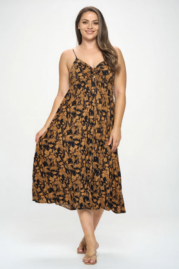 Plus Botanical Print Front Tie Maxi Dress - HelloLove Fashion