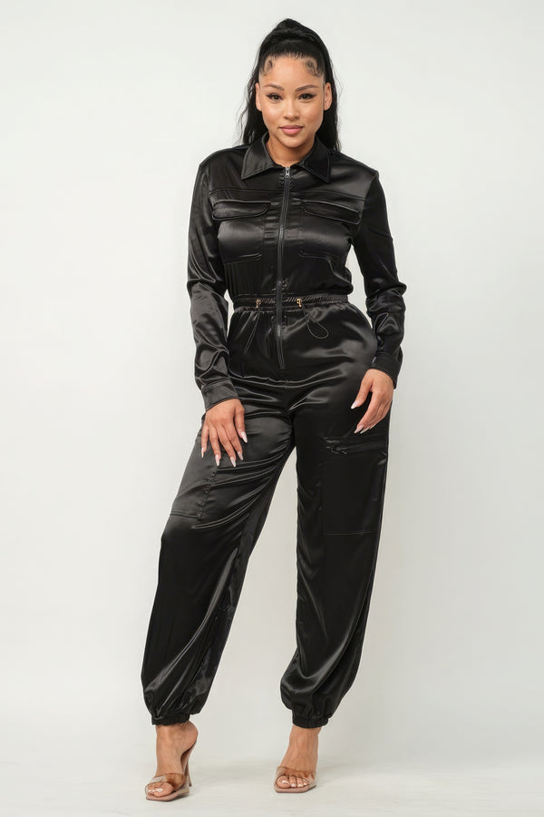 Front Zipper Pockets Top And Pants Jumpsuit - HelloLove Fashion