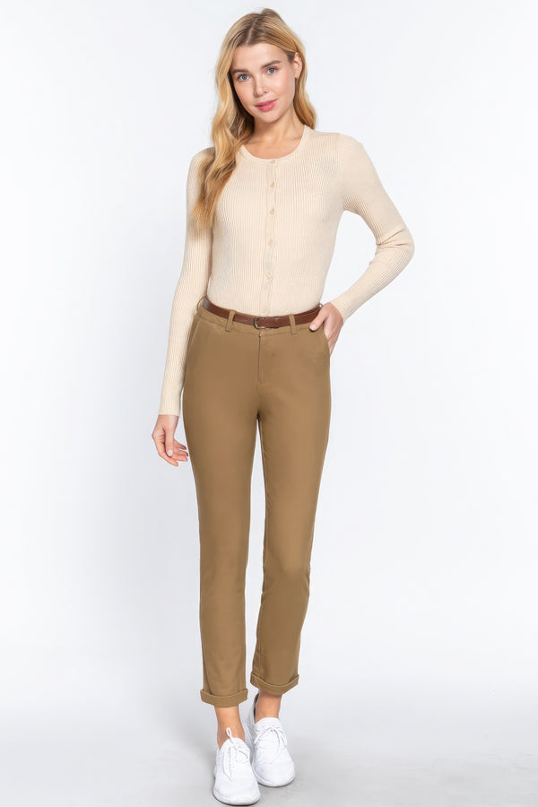 Cotton-span Twill Belted Long Pants - HelloLove Fashion