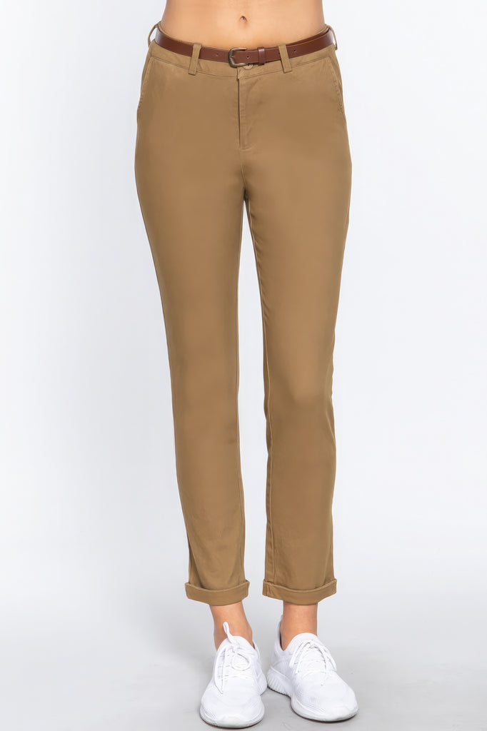 Cotton-span Twill Belted Long Pants - HelloLove Fashion