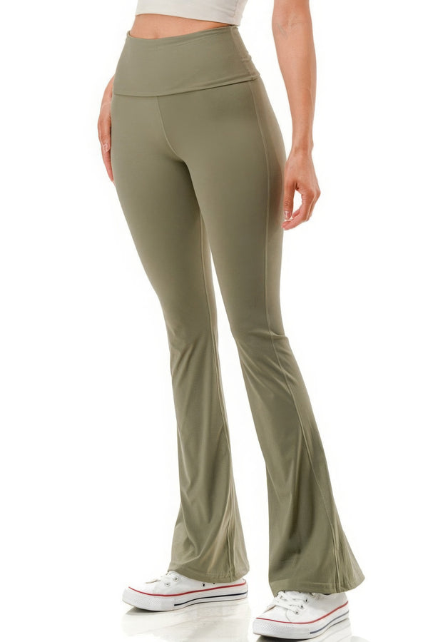 Folded High Waist Flare Leggings - Olive - HelloLove Fashion